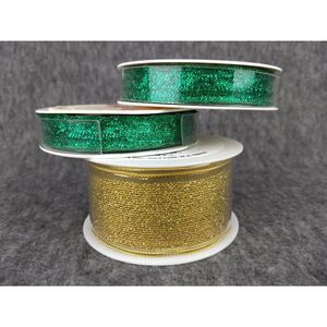 Sopp Metallic Wired‎ Ribbon Green & Gold Craft Gift Wrap Christmas Lot of 3 NEW